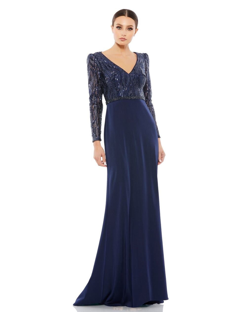 Mac Duggal Navy Blue Gown Women's Size 18 Embellished Long Sleeve Bodice Beaded